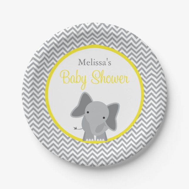 Assiettes En Carton Baby shower jaune de l'éléphant mou Chevron (Devant)