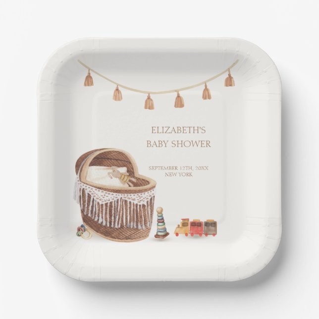Assiettes En Carton Baby shower Jouet Boho Bassinet Neutre Sur Le Sexe (Recto)