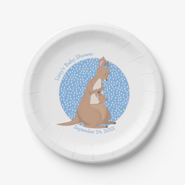 Assiettes En Carton Baby shower Kangaroo Tan et Motif bleu (Devant)