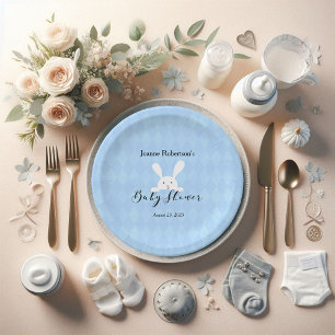 Assiettes En Carton Baby shower lapin blanc Jacquard bleu bébé