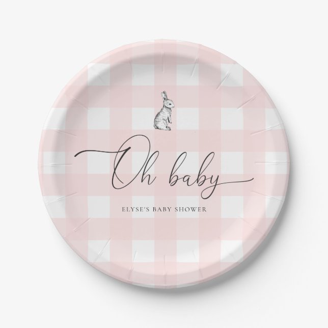 Assiettes En Carton Baby shower lapin En vichy rose (Devant)