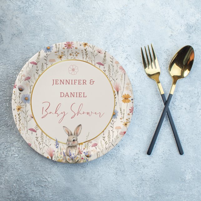 Assiettes En Carton Baby shower lapin Fleur sauvage beige doux (Créateur téléchargé)