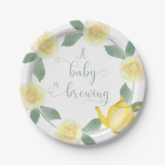 Assiettes En Carton Baby shower Le bébé floral jaune brasse (Devant)