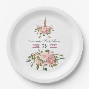 Assiettes En Carton Baby Shower Licorne Fleurie Rose et Or Rose