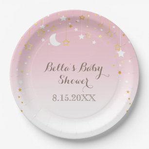 Assiettes En Carton Baby shower Lune aux étoiles roses