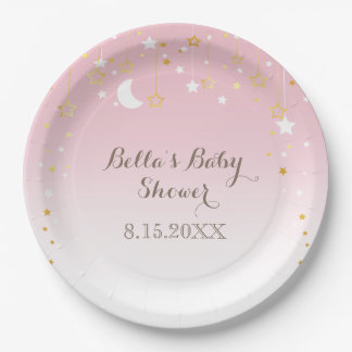 Assiettes En Carton Baby shower Lune aux étoiles roses