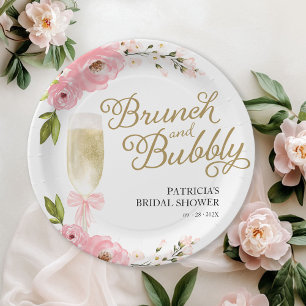 Assiettes En Carton Baby Shower Mariage Fleurs Roses Or et Bulles pour