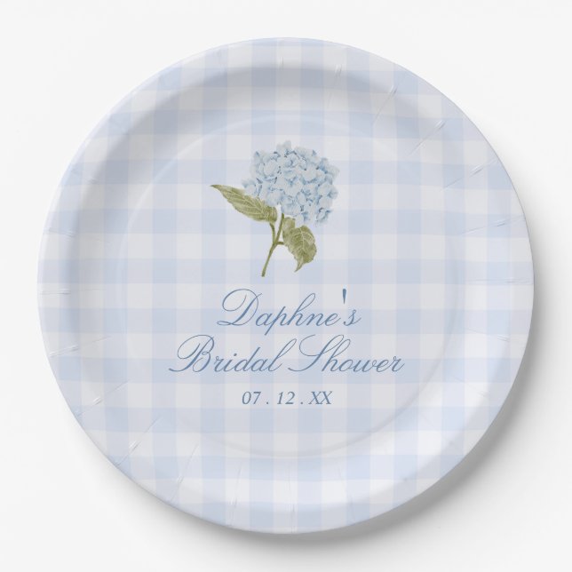 Assiettes En Carton Baby Shower Mariage Gingham Hydrangea Bleue (Devant)