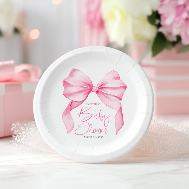 Assiettes En Carton Baby shower mignon à la corbeille rose (Pink Bow Paper Plates)