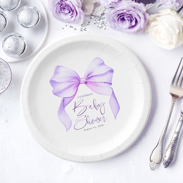 Assiettes En Carton Baby shower mignon de la cale violette (Purple Bow Paper Plates)