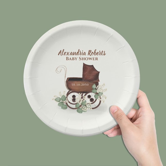 Assiettes En Carton Baby shower mignon Sexe Neutre Personnalisé (Elegant watercolor vintage baby carriage paper plate. )