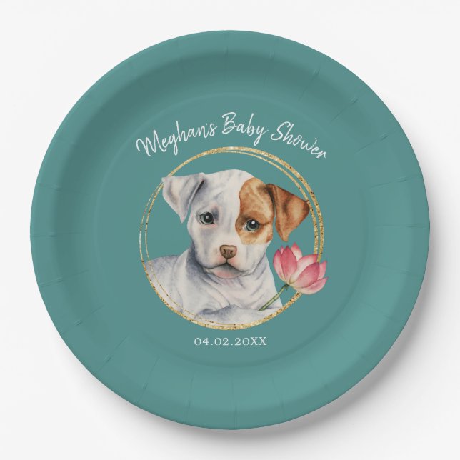Assiettes En Carton Baby shower mignon Teal de chiot (Devant)