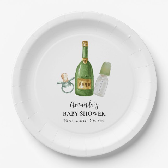 Assiettes En Carton Baby shower minimal vert Poppin Champagne bouteill (Devant)
