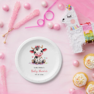 Assiettes En Carton Baby shower minimaliste rose vache fille
