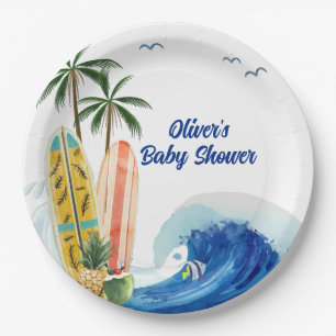 Assiettes En Carton Baby shower moderne Blue Ocean Wave Surboard