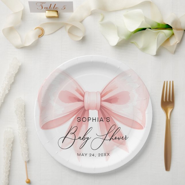 Assiettes En Carton Baby shower moderne Bow rose vif (Mariage)