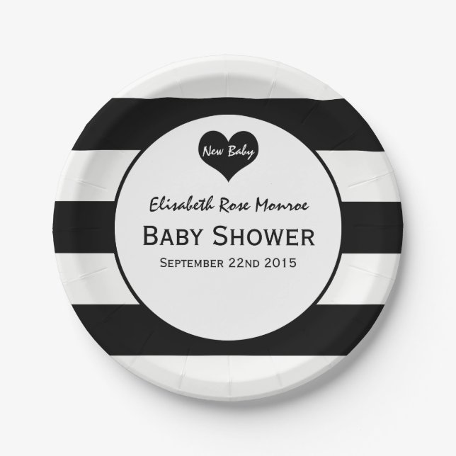 Assiettes En Carton Baby shower moderne chic noir & blanc (Devant)