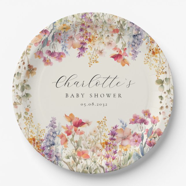 Assiettes En Carton Baby shower moderne et Fleur sauvage (Devant)