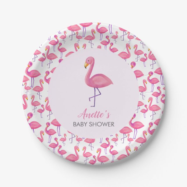 Assiettes En Carton Baby shower moderne Flamant rose rose (Devant)