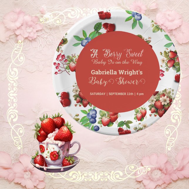 Assiettes En Carton Baby shower moderne Red Strawberry Blue Berry Swee (Modern Red Strawberry Blue Berry Sweet Baby Shower Paper Plates)
