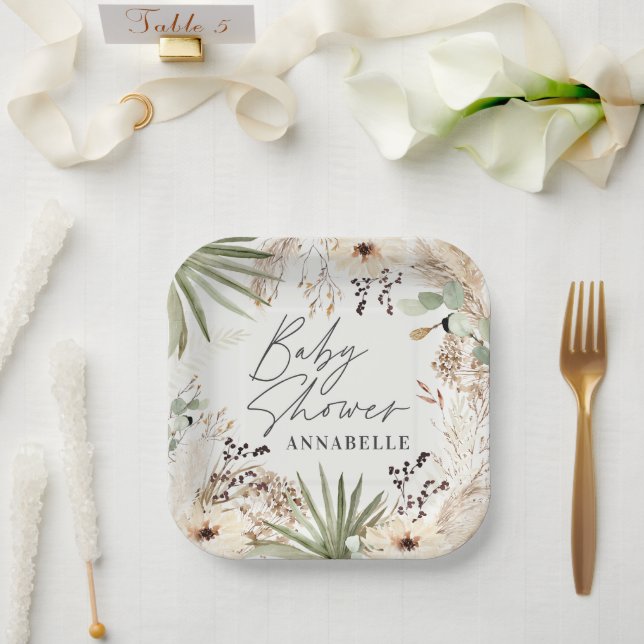 Assiettes En Carton Baby shower moderne rustique pampas herbe feuillag (Mariage)