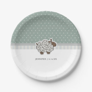 Assiettes En Carton Baby Shower Mouton Vert à pois