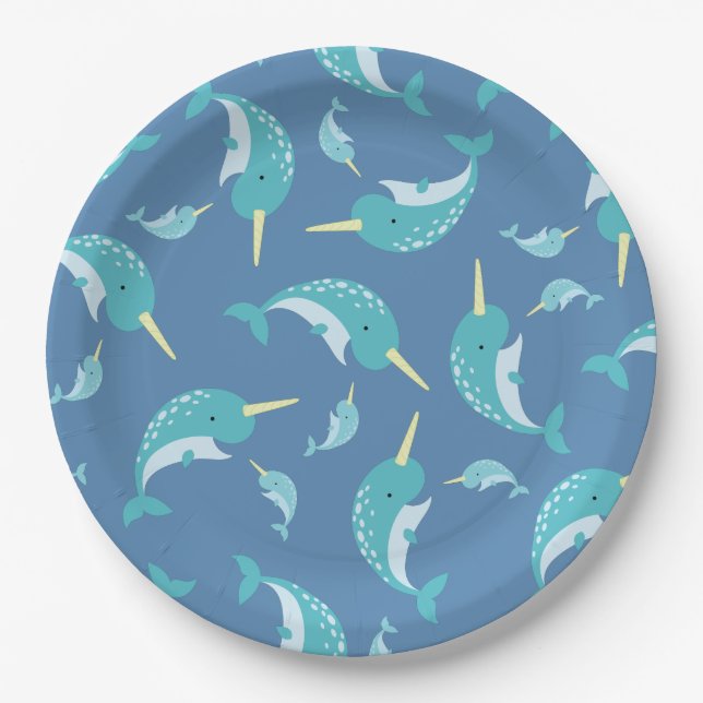 Assiettes En Carton Baby shower Narwhal Blue Boy Whale (Devant)