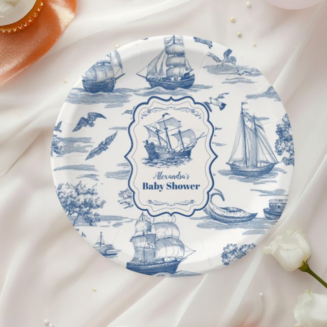 Assiettes En Carton Baby shower nautique de la Marine Blue Toile (Créateur téléchargé)