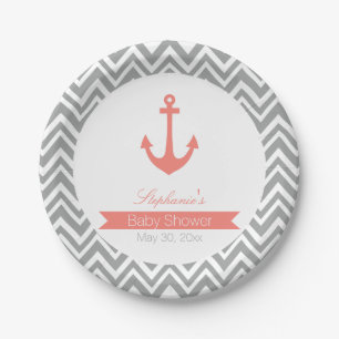 Assiettes En Carton Baby shower nautique gris Chevron et corail rose