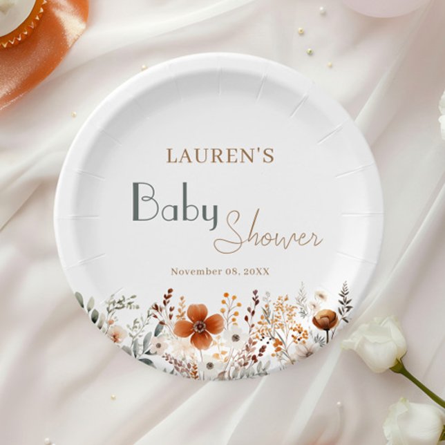 Assiettes En Carton Baby shower Neutre Fleur sauvage Boho Genre  (Créateur téléchargé)