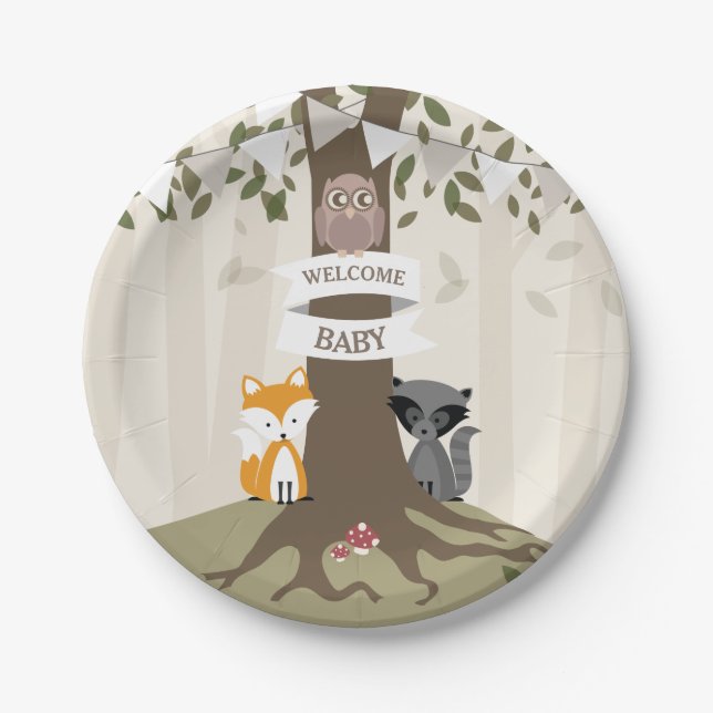Assiettes En Carton Baby shower neutre pour les animaux des bois (Devant)