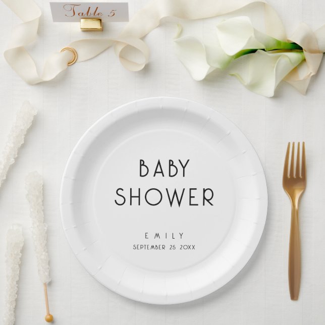 Assiettes En Carton Baby shower noir et blanc de texte simple moderne (Mariage)