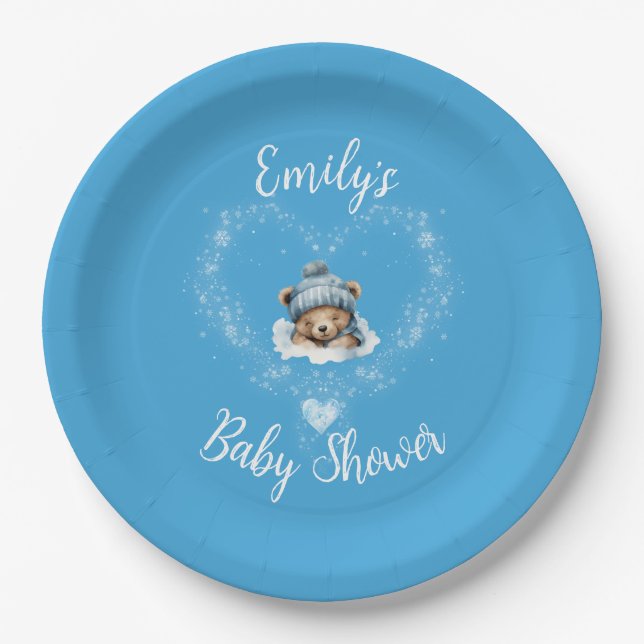 Assiettes En Carton Baby shower Ours Bleu Teddy Excité (Devant)