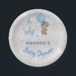 Assiettes En Carton Baby shower ours en peluche garçon argent bleu nom<br><div class="desc">Pour un baby shower célébrant un bébé garçon. Un arrière - plan métallique à l'aspect faux argenté. Un ours en peluche tenant un ballon bleu étoiles et une fausse poussière de parties scintillant. Personnalisez et ajoutez le nom de la mère à être.</div>