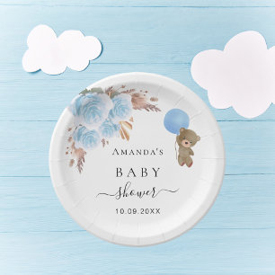 Assiettes En Carton Baby shower ours en peluche pampas herbe bleu garç