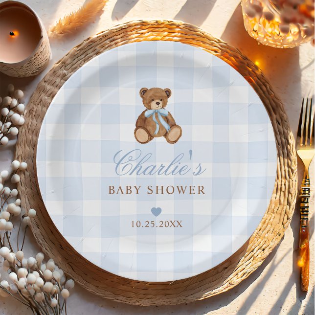Assiettes En Carton Baby Shower Ours en Vichy Bleu (Créateur téléchargé)