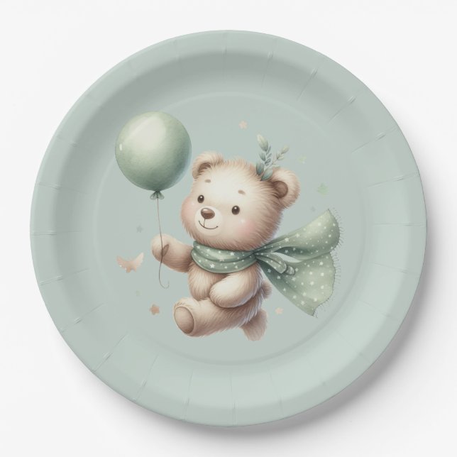 Assiettes En Carton Baby shower Ours vert Sage (Devant)