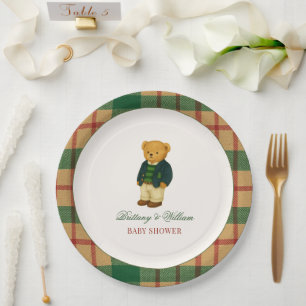 Assiettes En Carton Baby-Shower Ourson à Carreaux de Noël