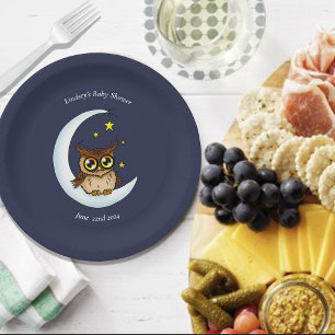 Assiettes En Carton Baby shower Owl Moon Blue Cute Stars