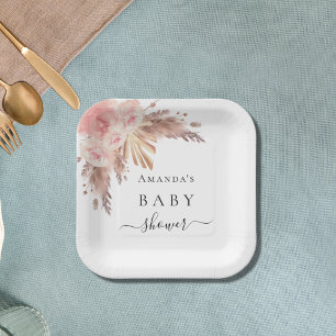 Assiettes En Carton Baby Shower pampas grass rose gold florals white
