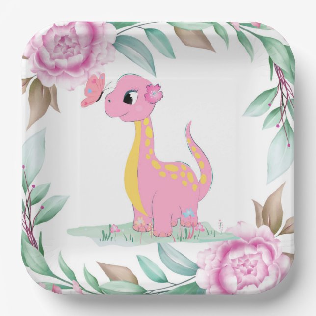 Assiettes En Carton Baby shower papillon Dinosaure rose pâle (Recto)