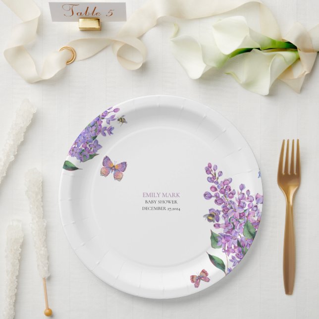 Assiettes En Carton Baby shower papillon fleuri violet invitation (Mariage)