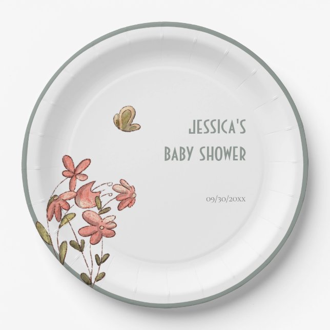 Assiettes En Carton Baby shower papillon floral fille (Devant)