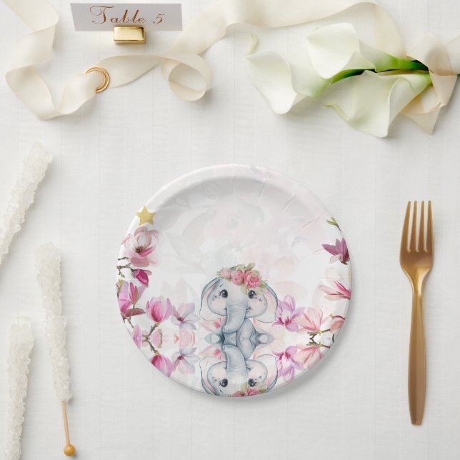 Assiettes En Carton Baby Shower Party Plate with Floral Elephant (Mariage)