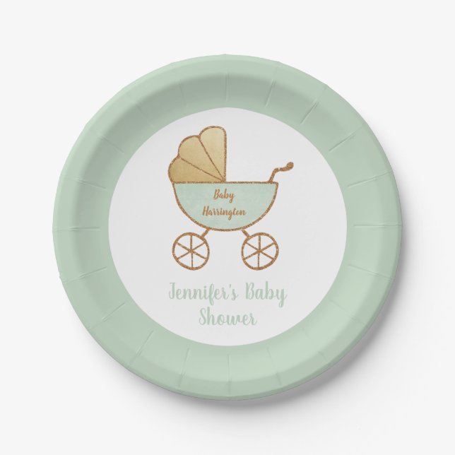 Assiettes En Carton Baby shower Pastel Mint Green Retro Carriage (Devant)