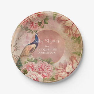 Assiettes En Carton Baby shower Peacock Vintage Elegant Pink Peony