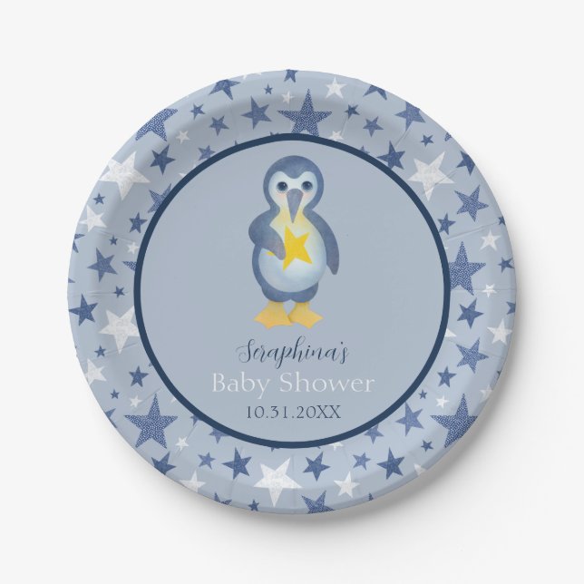 Assiettes En Carton Baby shower Penguin Blue & White Star (Devant)