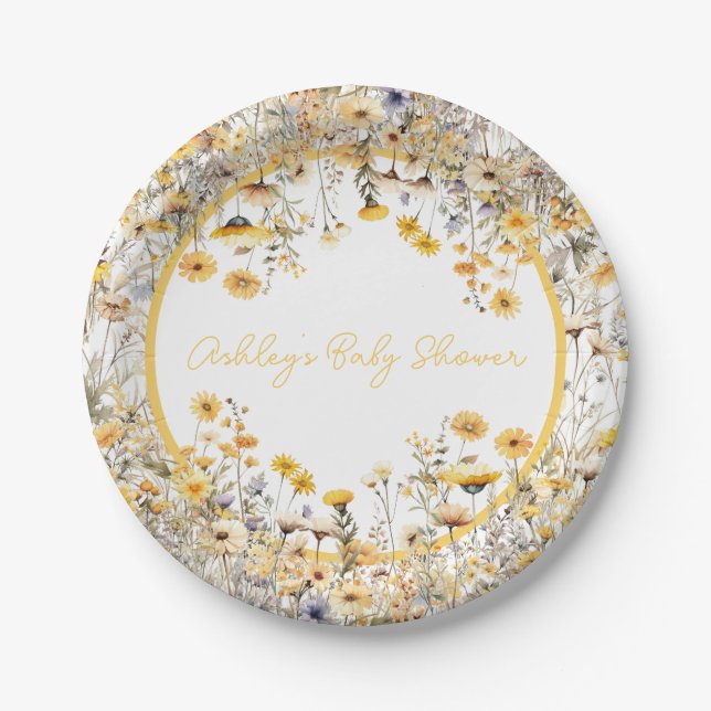 Assiettes En Carton Baby shower personnalisé Boho Fleur sauvage jaune (Devant)