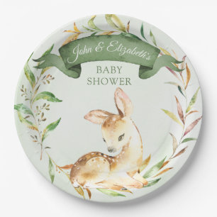 Assiettes En Carton Baby shower personnalisé de cerfs de bois vert