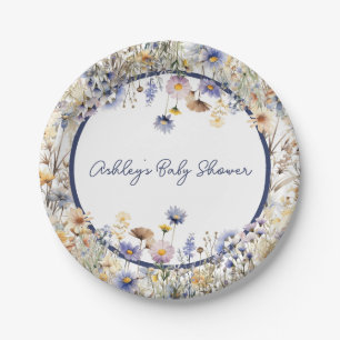 Assiettes En Carton Baby Shower Personnalisé Fleur Sauvage Bleue Bohèm